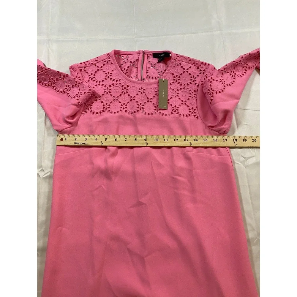 J. Crew NWT Pink Eyelet Lace Yoke Long Sleeve Shift Dress Womens 2 Valentine NEW